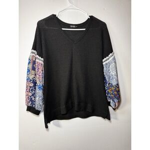 MIHOLL Womens Small Black Waffle Knit V-Neck Boho Patchwork Puff Sleeve Lace Top